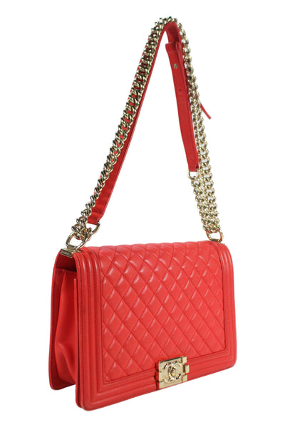 Chanel Womens Chain Strap Quilted Lambskin CC Flap Boy Bag Handbag Red
