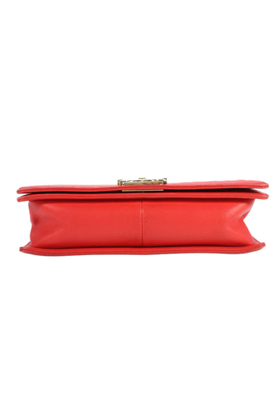 Chanel Womens Chain Strap Quilted Lambskin CC Flap Boy Bag Handbag Red