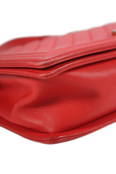 Chanel Womens Chain Strap Quilted Lambskin CC Flap Boy Bag Handbag Red