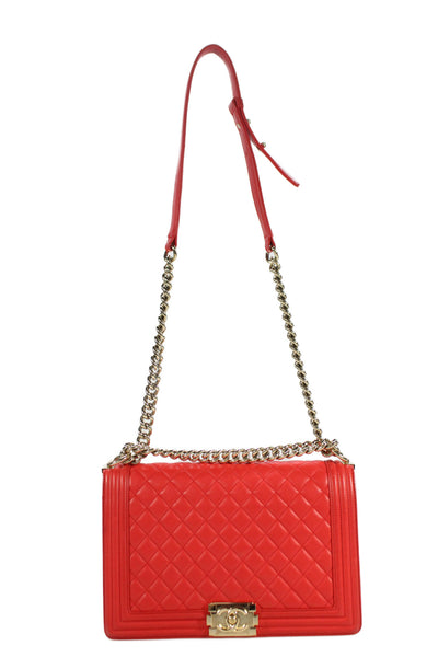 Chanel Womens Chain Strap Quilted Lambskin CC Flap Boy Bag Handbag Red