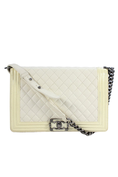 Chanel Womens Chain Strap Quilted Lambskin CC Flap Boy Bag Handbag White