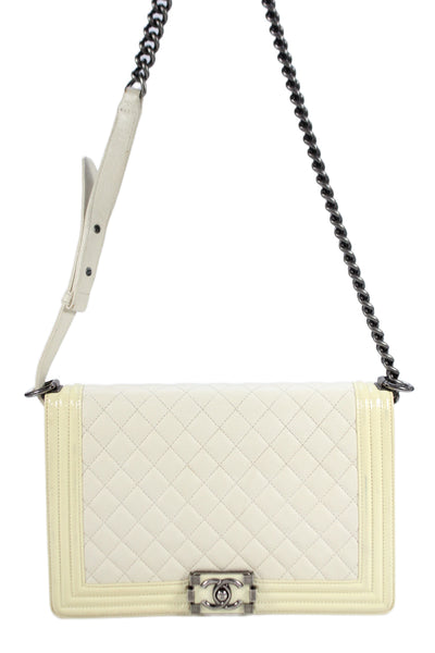 Chanel Womens Chain Strap Quilted Lambskin CC Flap Boy Bag Handbag White