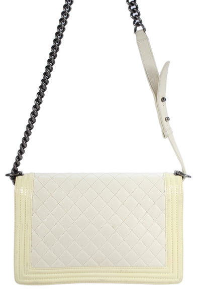 Chanel Womens Chain Strap Quilted Lambskin CC Flap Boy Bag Handbag White