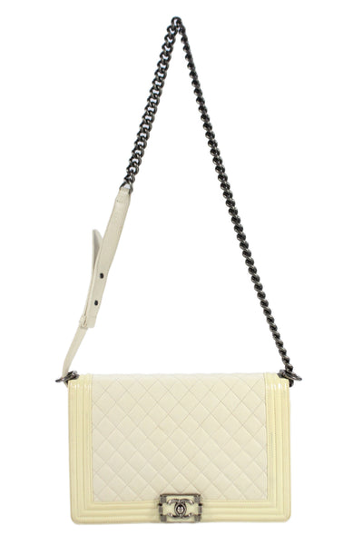 Chanel Womens Chain Strap Quilted Lambskin CC Flap Boy Bag Handbag White
