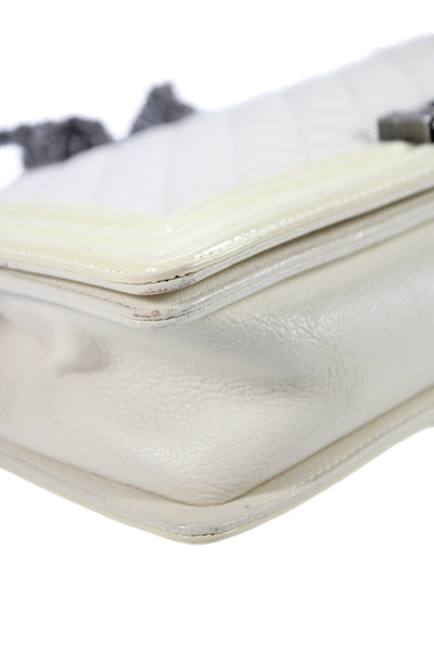 Chanel Womens Chain Strap Quilted Lambskin CC Flap Boy Bag Handbag White