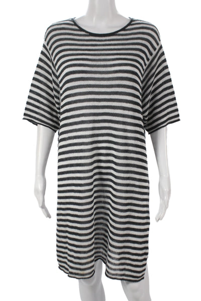 Eileen Fisher Women Sweater T Shirt Dress Black Striped Short Sleeve Size L