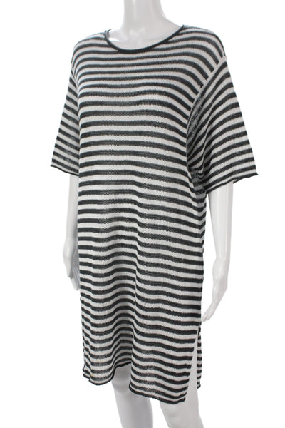 Eileen Fisher Women Sweater T Shirt Dress Black Striped Short Sleeve Size L
