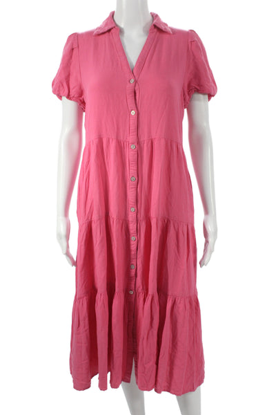 Elan Women Shirt Dress Pink V Neck Button Short Sleeve Long Size XS