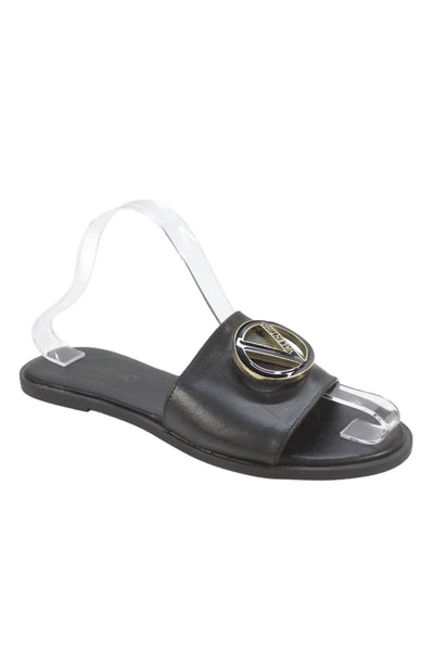 Mario Valentino Womens Single Strap Leather Logo Slide Sandals Black Size 38