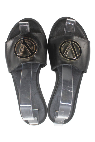 Mario Valentino Womens Single Strap Leather Logo Slide Sandals Black Size 38