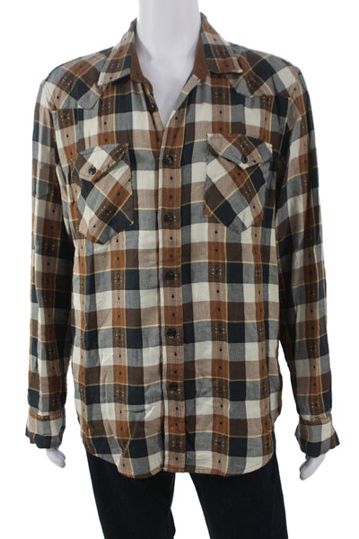 Frye Mens Cotton Plaid Collar Long Sleeve Button Down Shirt Brown Size L