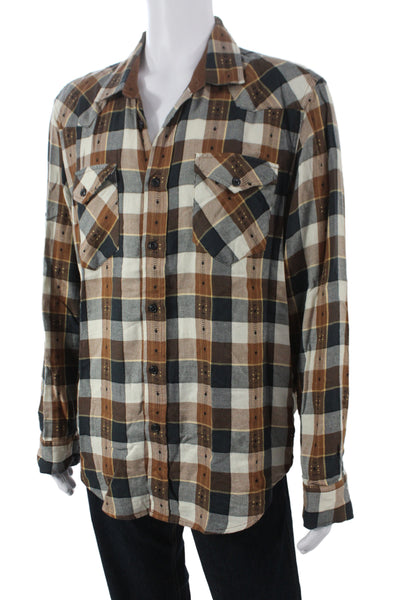 Frye Mens Cotton Plaid Collar Long Sleeve Button Down Shirt Brown Size L