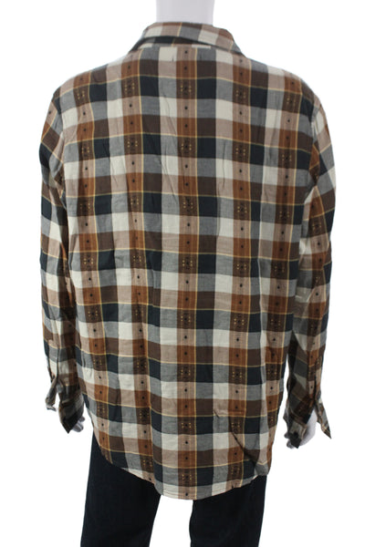 Frye Mens Cotton Plaid Collar Long Sleeve Button Down Shirt Brown Size L