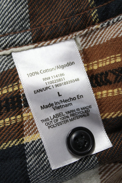 Frye Mens Cotton Plaid Collar Long Sleeve Button Down Shirt Brown Size L