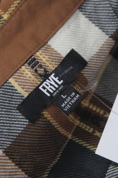 Frye Mens Cotton Plaid Collar Long Sleeve Button Down Shirt Brown Size L