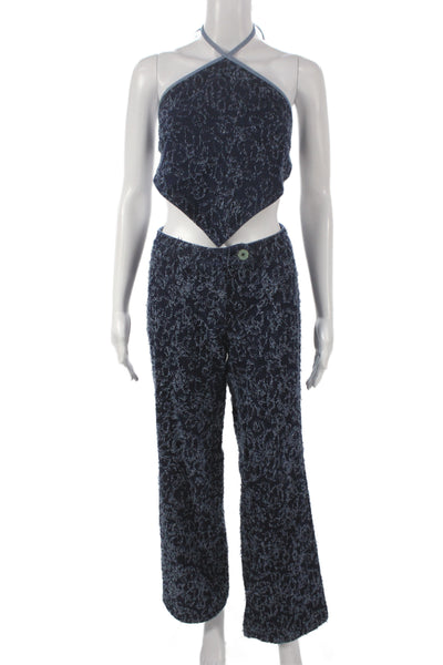 Di Petsa Women Blue Flecked Cotton Halter Set Sleeveless Jeans Size S