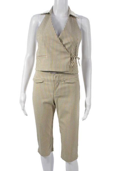 Zara Women 2 Piece Check Collared Drawstring Shorts Tan Size S