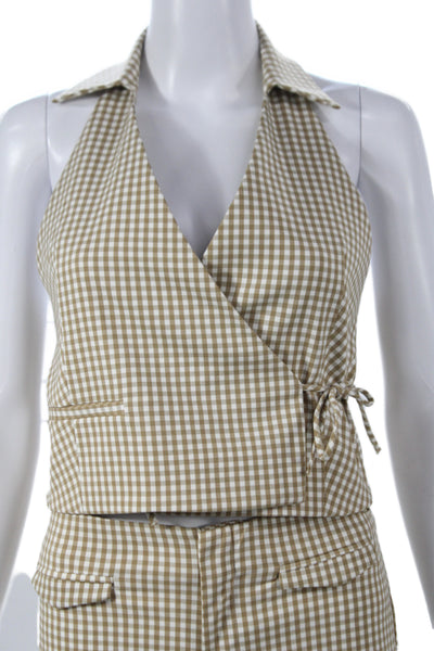 Zara Women 2 Piece Check Collared Drawstring Shorts Tan Size S