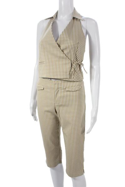 Zara Women 2 Piece Check Collared Drawstring Shorts Tan Size S
