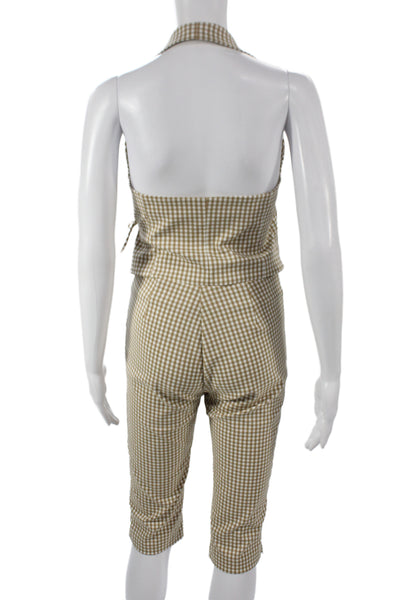 Zara Women 2 Piece Check Collared Drawstring Shorts Tan Size S