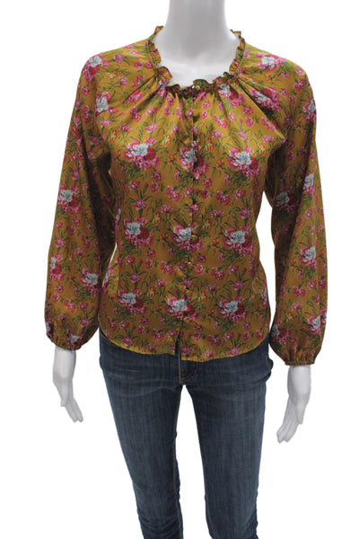 Love Shack Fancy Womens Yellow Floral Button Up Long Sleeve Blouse Size XS