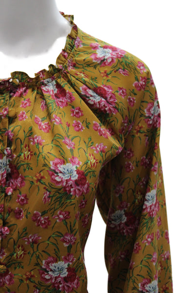 Love Shack Fancy Womens Yellow Floral Button Up Long Sleeve Blouse Size XS