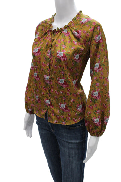 Love Shack Fancy Womens Yellow Floral Button Up Long Sleeve Blouse Size XS