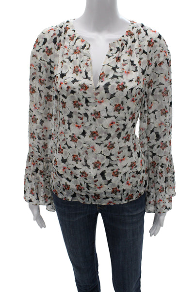 Tanya Taylor Womens Floral V-Neck Long Sleeve Silk Cotton Blouse Size XS