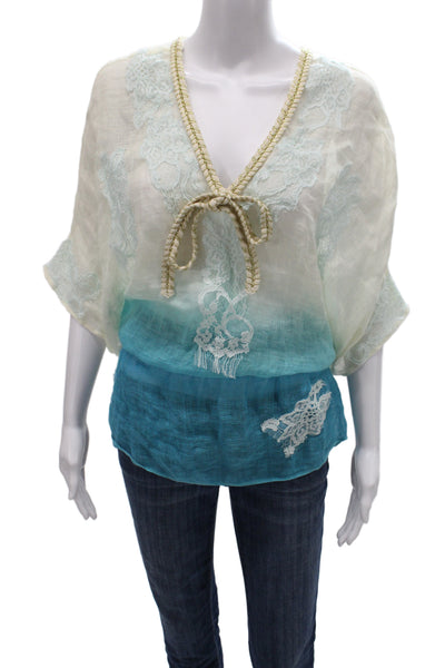 Vanita Rosa Women Kimono Blouse Beige V-Neck Linen Short Sleeve Size M