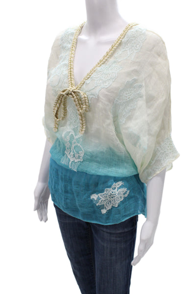 Vanita Rosa Women Kimono Blouse Beige V-Neck Linen Short Sleeve Size M