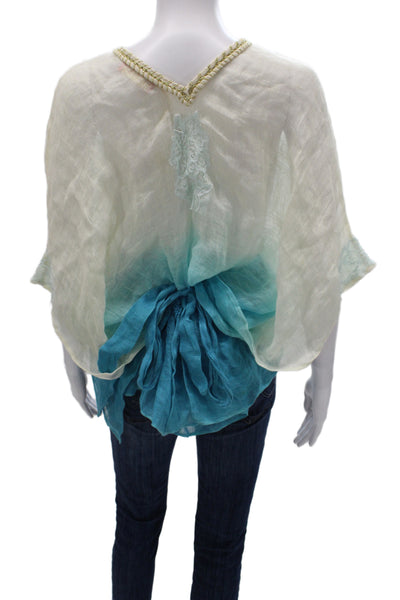 Vanita Rosa Women Kimono Blouse Beige V-Neck Linen Short Sleeve Size M