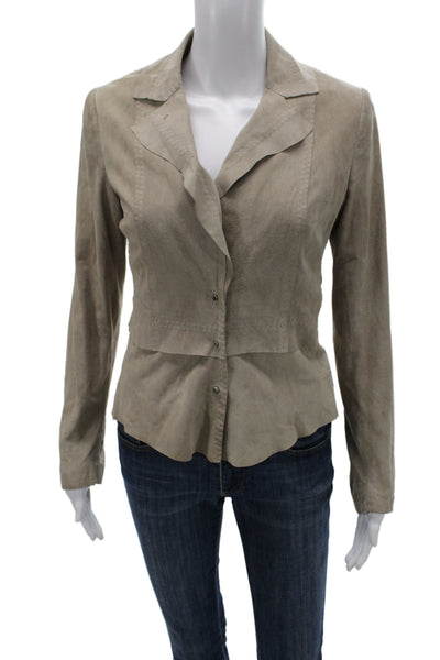 Elie Tahari Womens Lamb Suede Beige Blazer Collared Snap Long Sleeve Size S