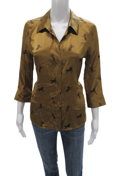 L'Agence Women Silk Collared Button Blouse Brown Animal Print 3/4 Sleeve Size S