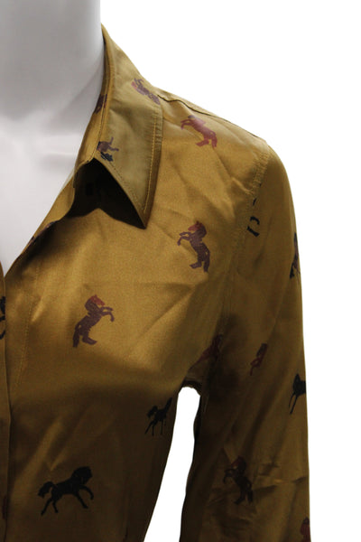 L'Agence Women Silk Collared Button Blouse Brown Animal Print 3/4 Sleeve Size S