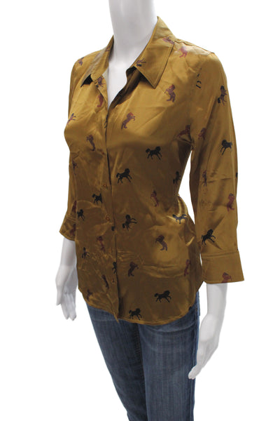 L'Agence Women Silk Collared Button Blouse Brown Animal Print 3/4 Sleeve Size S