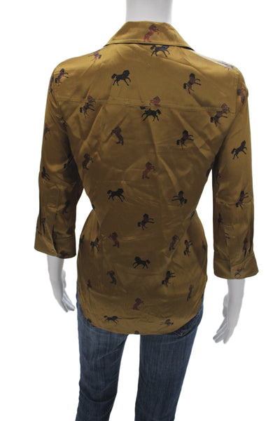 L'Agence Women Silk Collared Button Blouse Brown Animal Print 3/4 Sleeve Size S
