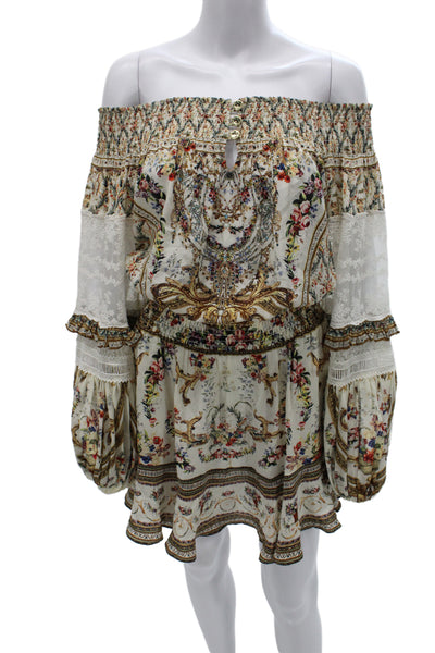Camilla Womens Kaftan Silk Floral Short Dress Beige Long Sleeve Button Size XS