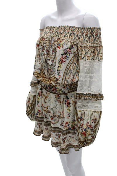 Camilla Womens Kaftan Silk Floral Short Dress Beige Long Sleeve Button Size XS