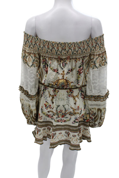 Camilla Womens Kaftan Silk Floral Short Dress Beige Long Sleeve Button Size XS