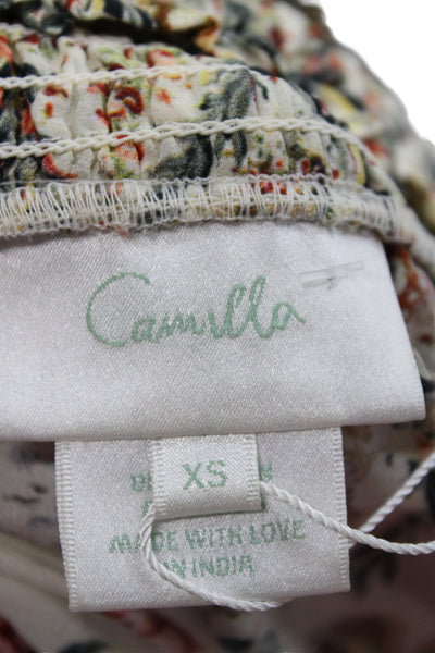 Camilla Womens Kaftan Silk Floral Short Dress Beige Long Sleeve Button Size XS