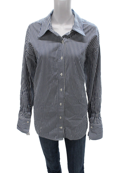 A.L.C. Womens Dark Blue Striped Collared Button Up Long Sleeve Cotton Top Size 2