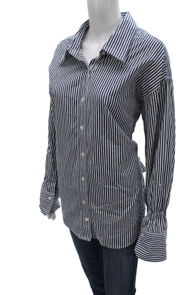 A.L.C. Womens Dark Blue Striped Collared Button Up Long Sleeve Cotton Top Size 2