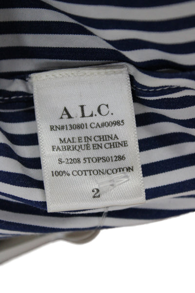 A.L.C. Womens Dark Blue Striped Collared Button Up Long Sleeve Cotton Top Size 2