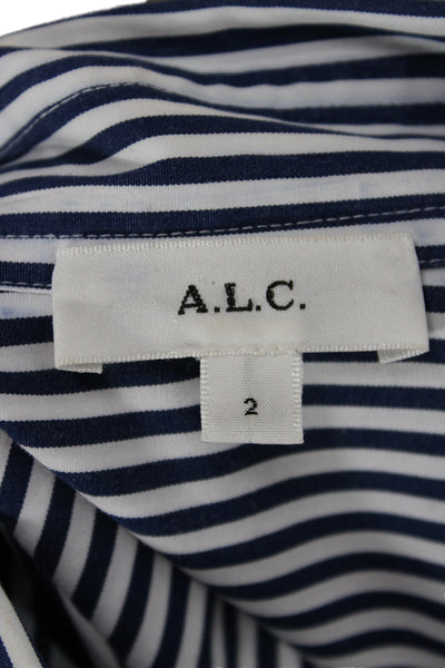 A.L.C. Womens Dark Blue Striped Collared Button Up Long Sleeve Cotton Top Size 2