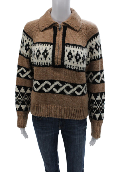 A.L.C. Unisex Brown Merino Alpaca Fair Isle Collared Zip Pullover Sweater Size S