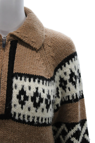 A.L.C. Unisex Brown Merino Alpaca Fair Isle Collared Zip Pullover Sweater Size S