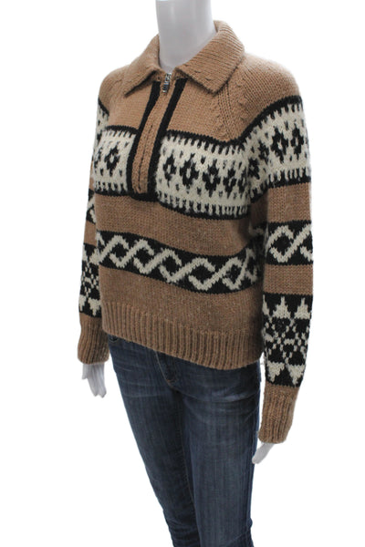 A.L.C. Unisex Brown Merino Alpaca Fair Isle Collared Zip Pullover Sweater Size S