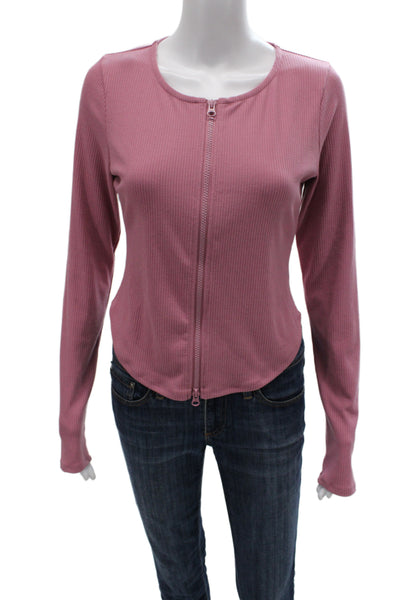 Alo Womens Cropped Striped Zip Long Sleeve Round Neck Top Pink Size M