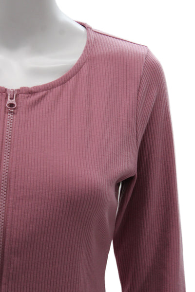 Alo Womens Cropped Striped Zip Long Sleeve Round Neck Top Pink Size M