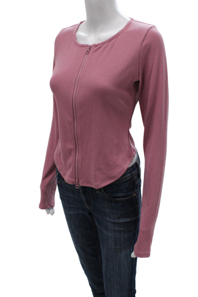 Alo Womens Cropped Striped Zip Long Sleeve Round Neck Top Pink Size M
